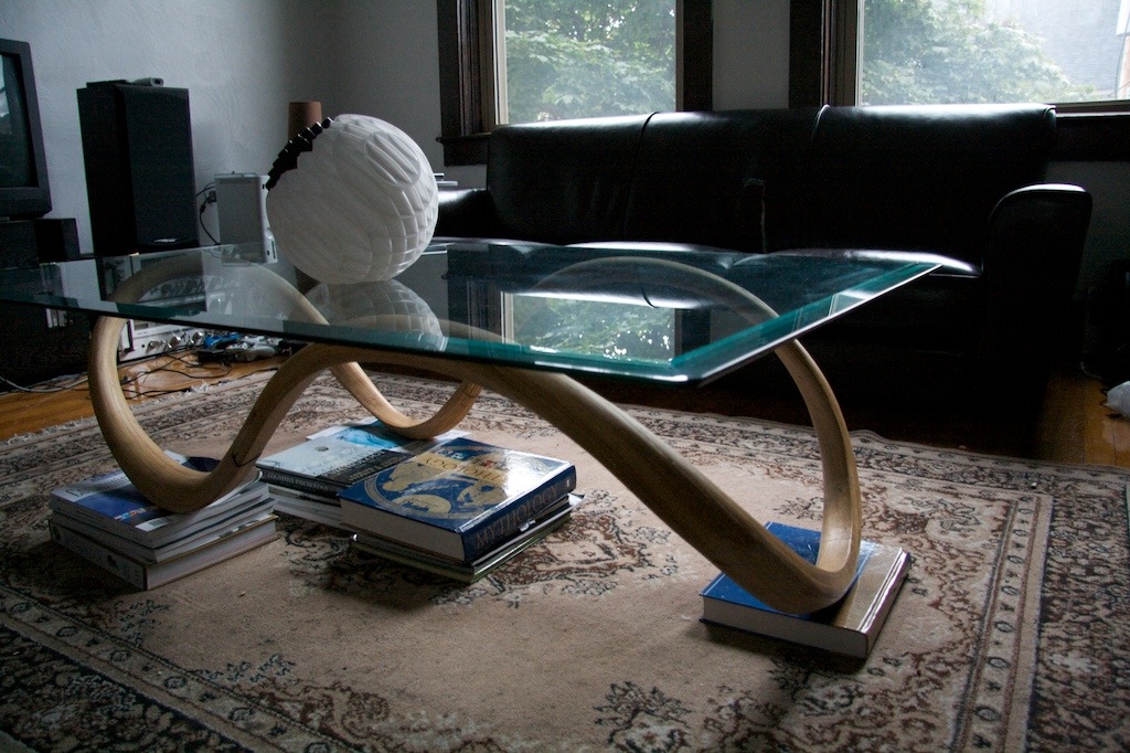 This was a truly educational experiment in bending wood into strong and elegant forms with hickory and glue. I built this table with brute force, clamps and determination. It needs some help to be leveled.